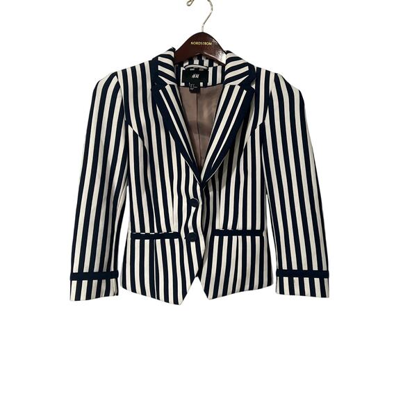 H&M Navy Blue & Cream Stripe Blazer, Size 4, KB402 - Picture 2 of 5